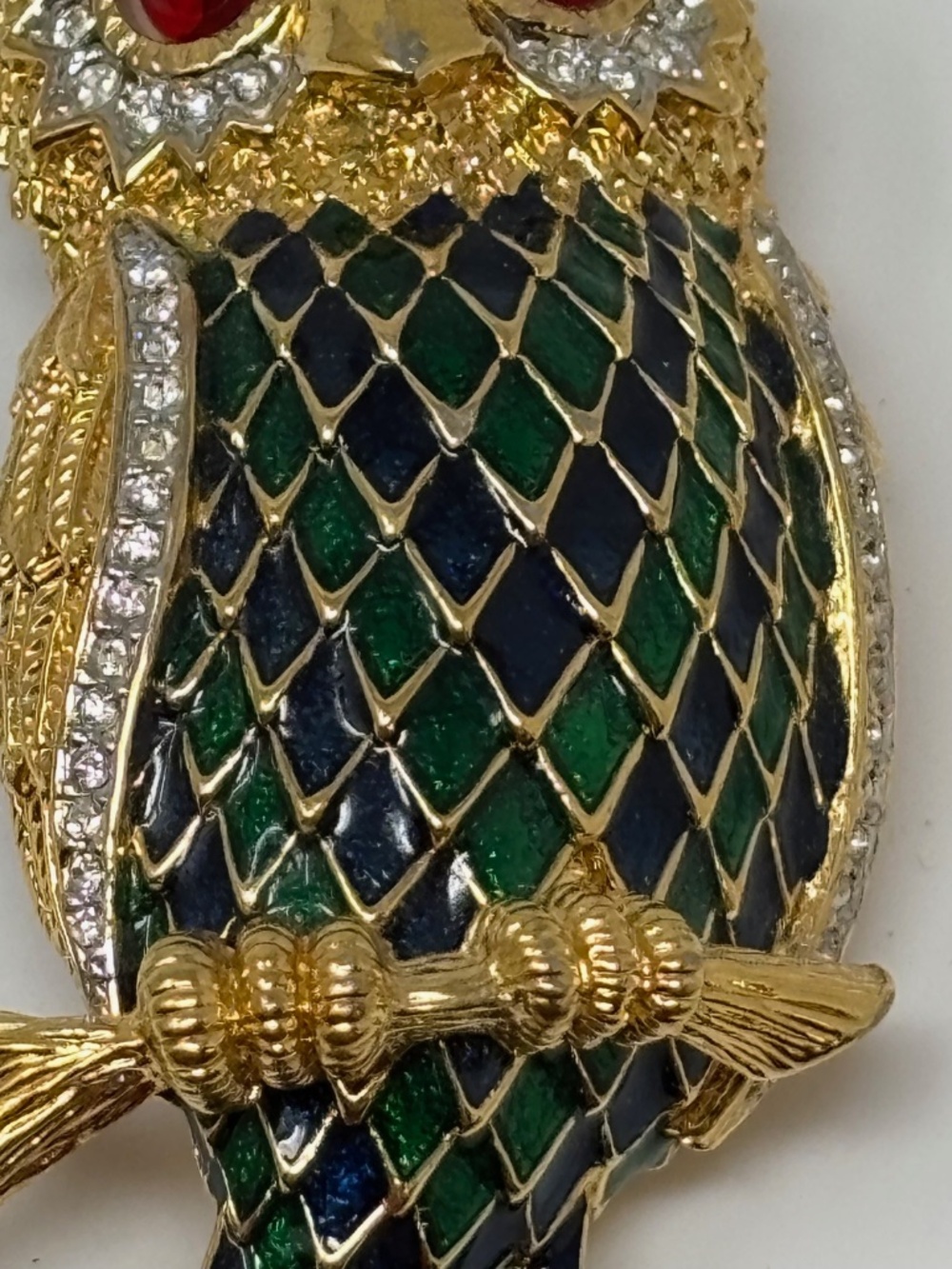 D'orlan Vintage Owl on Branch Brooch Pin Gold Plated Green Enamel with Crystals - Picture 3 of 7
